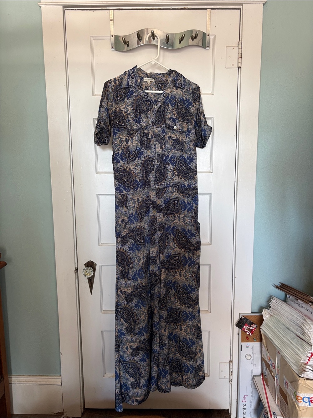 Earthbound Blue Paisley Short-Sleeve Jumpsuit Size S
